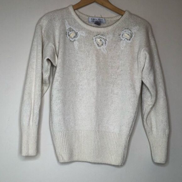 KAREN SCOTT🧶Beaded Sequin Long Sleeve Sweater Scoop Neck🧶Cream White Flowers - Picture 5 of 12